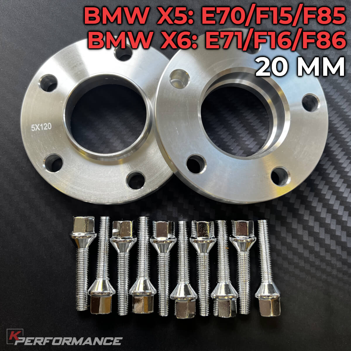 Wheel Spacer Kit With Bolts 5x120 / 74.1 - BMW X5 E70, F15/F85, X6 E71, F16/F86 (20MM) 20mm thickness BMW wheel spacer kit with bolts suitable for BMW X5 E70 F15 X5M F85 and X6 E71 F16 X6M F86 models