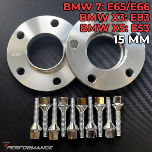 15mm thickness BMW wheel spacer kit with bolts suitable for BMW E65 E66 E83 and E53 models with an uncommon bolt thread (M14 x 1.5)