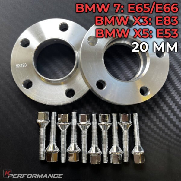 20mm thickness BMW wheel spacer kit with bolts suitable for BMW E65 E66 E83 and E53 models with an uncommon bolt thread (M14 x 1.5)